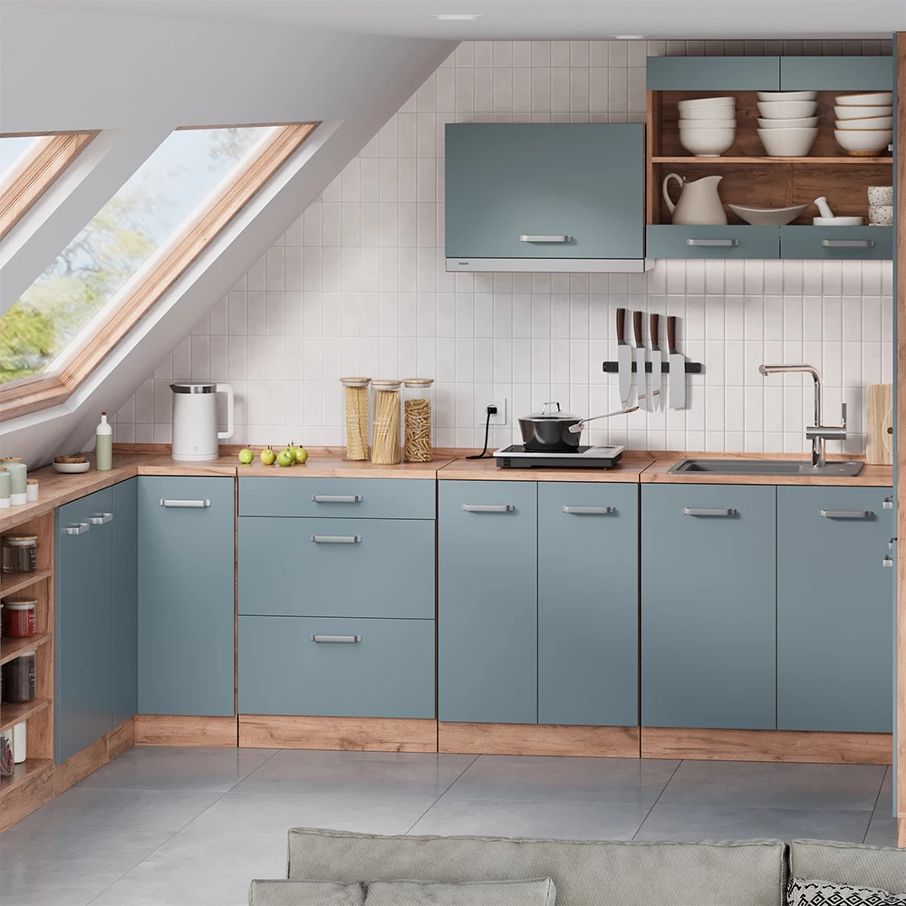 Küchenschrank für Dachschrägen R-Line Blau-Grau 210 cm 5er Set Schrankkorpuss 60 cm Tiefe Vicco