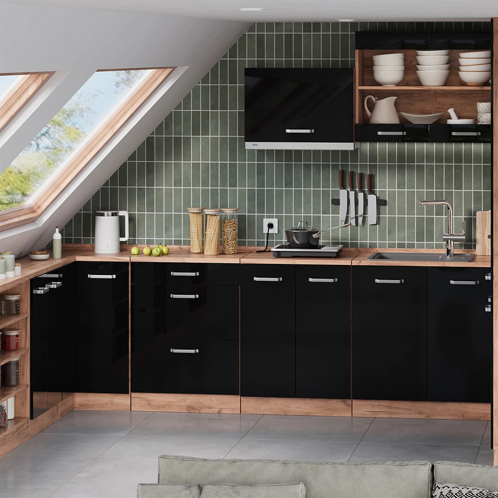 Meuble sous pente R-Line Noir Haute brillance 60cm 2 tiroirs, 60 cm de profondeur Vicco