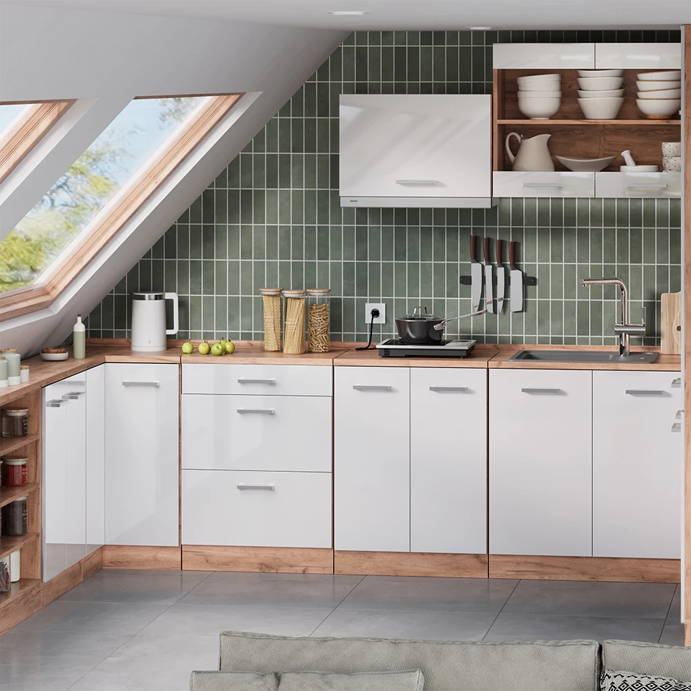 Meuble sous pente R-Line Blanc Haute brillance 210cm Lot de 5 caissons 60 cm de profondeur Vicco