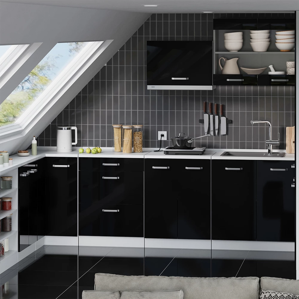 Meuble sous pente R-Line Noir Haute brillance 60cm 2 tiroirs, 60 cm de profondeur Vicco