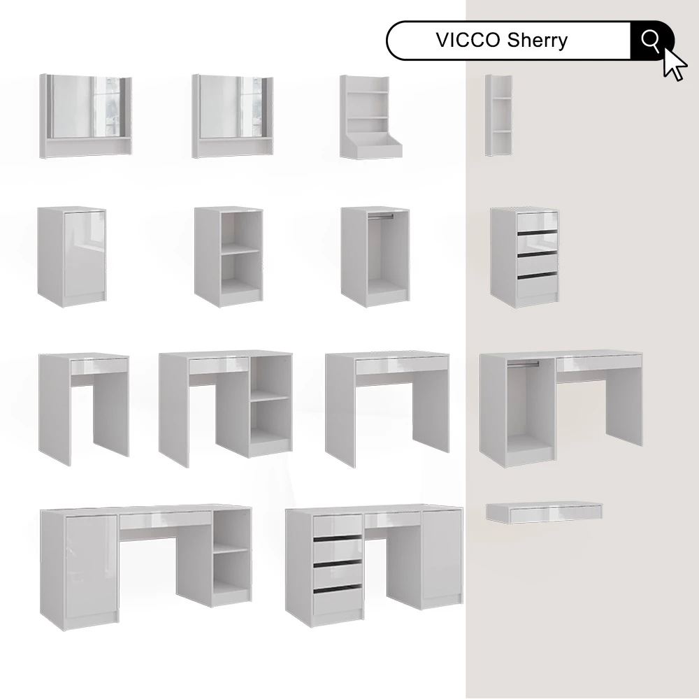 Coiffeuse Sherry Blanc Haute brillance 81.4cm avec miroir LED et tabouret Vicco