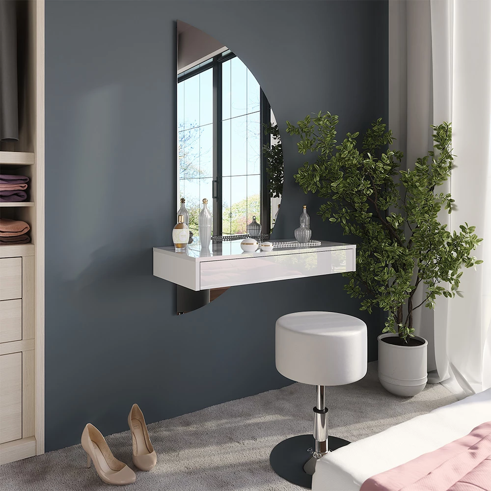Coiffeuse Sherry Blanc Haute brillance 81.4cm avec miroir LED et tabouret Vicco