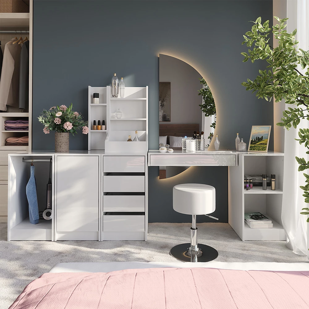 Coiffeuse Sherry Blanc Haute brillance 81.4cm avec miroir LED et tabouret Vicco