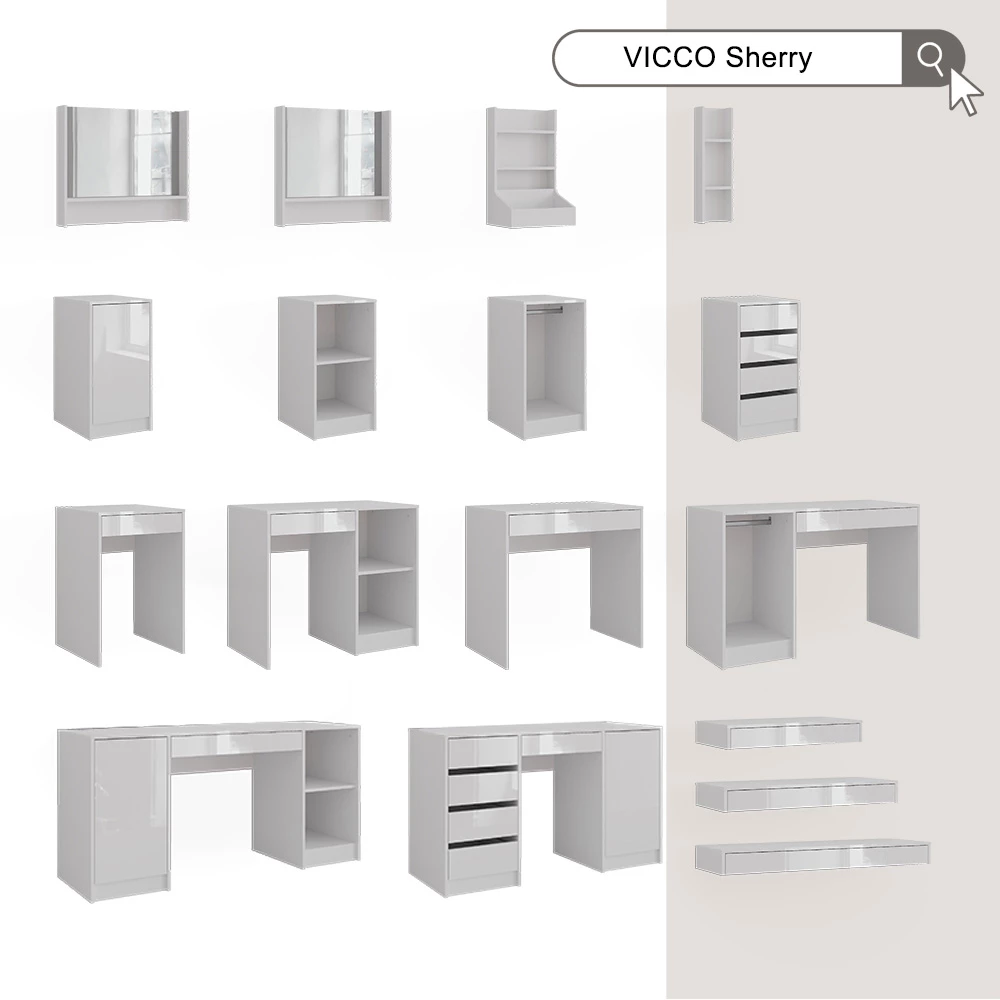 Schminktisch Sherry Weiß Hochglanz 100 cm mit LED-Spiegel und Hocker Vicco