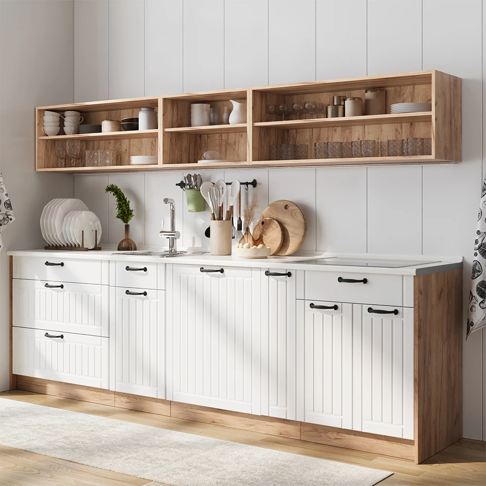 Apothekerschrank Fame-Line Weiß Landhaus/Goldkraft Eiche 20 cm Arbeitsplatte Marmor Vicco
