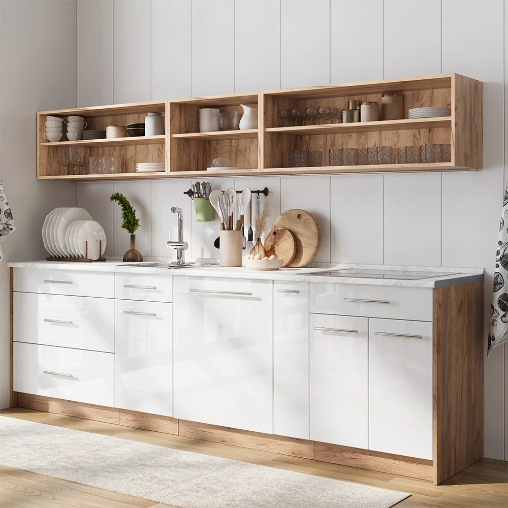 Armadio cucina dispensa alto Fame-Line Bianco lucido/Rovere dorato 20 cm senza piano di lavoro Vicco