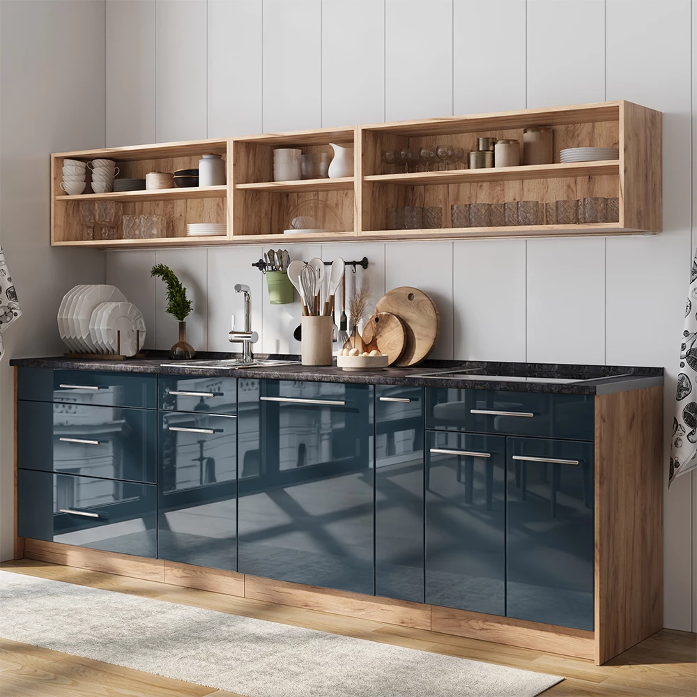 Apothekerschrank Fame-Line Dunkelblau Hochglanz/Goldkraft Eiche 20 cm Arbeitsplatte Goldkraft Eiche Vicco