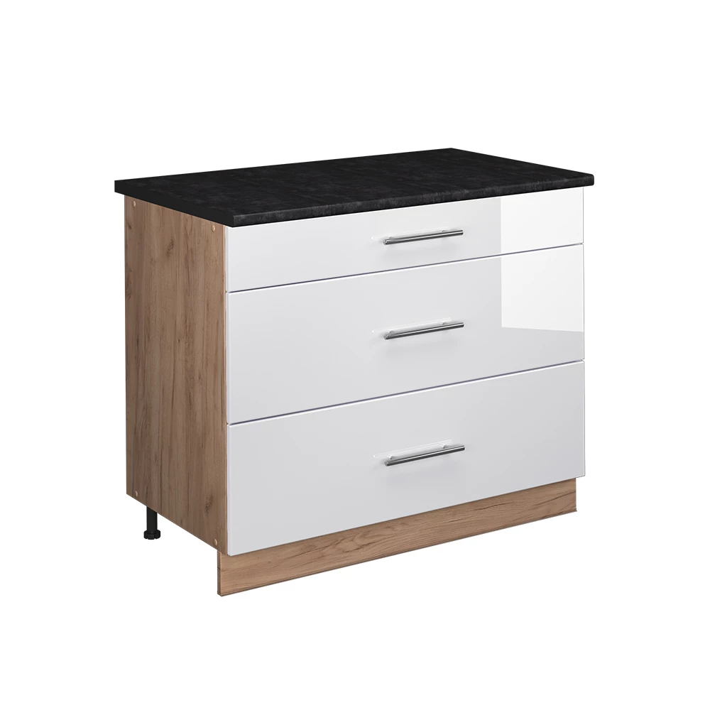 Küchenunterschrank Fame-Line Weiß Hochglanz/Goldkraft Eiche 100 cm, AP Anthrazit Vicco | Weiß Hochglanz/Goldkraft Eiche | Schubladenunterschrank 100 cm