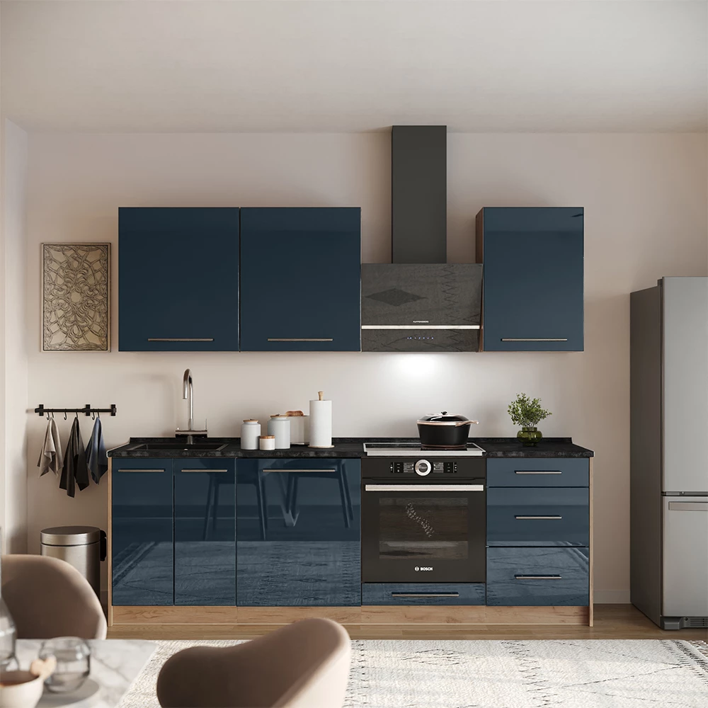 Küchenunterschrank Fame-Line Dunkelblau Hochglanz/Goldkraft Eiche 60 cm mit 1 Tür ohne Arbeitsplatte Vicco
