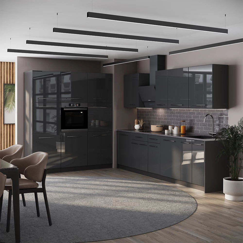 Cuisine Fame-Line Anthracite Haute brillance/Anthracite 460cm plan de travail Marbre Vicco