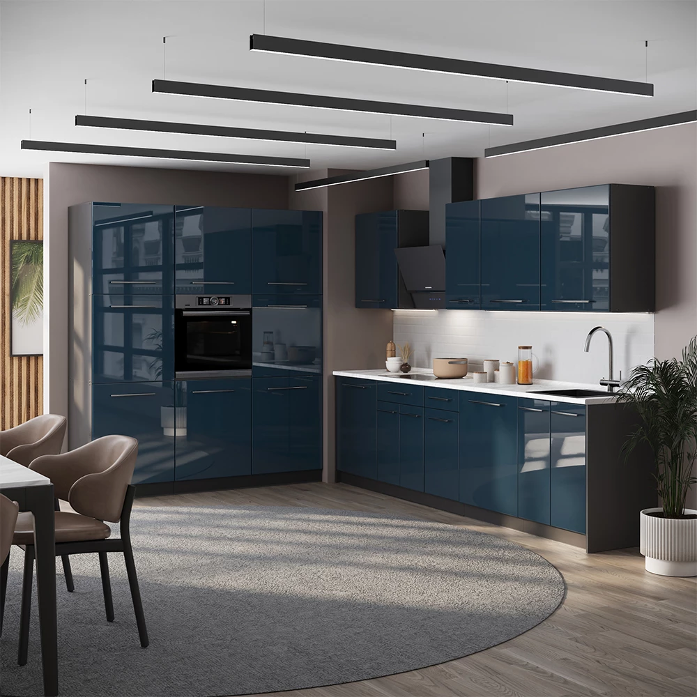 Cuisine Fame-Line Bleu foncé brillant/Anthracite 460cm sans plan de travail Vicco