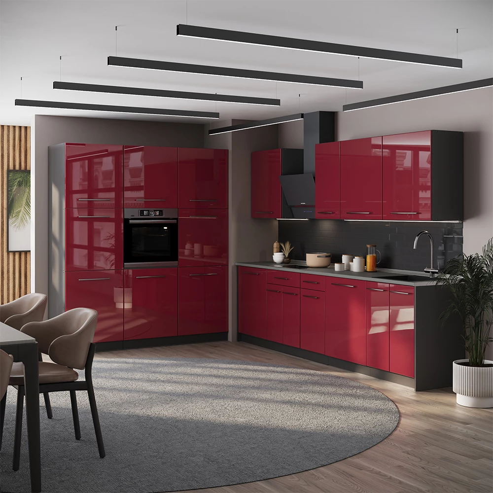 Cucina componibile Fame-Line Bordeaux lucido/Antracite 460 cm piano di lavoro Rovere dorato Vicco