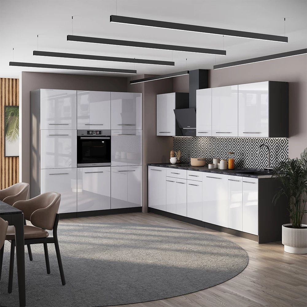Cuisine Fame-Line Blanc Haute brillance/Anthracite 460cm sans plan de travail Vicco