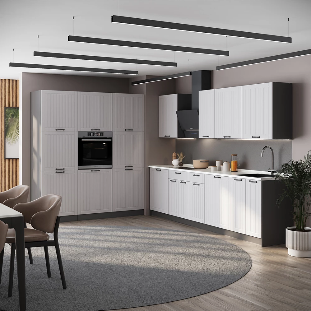 Cuisine Fame-Line Blanc campagne/Anthracite 460cm plan de travail Marbre Vicco