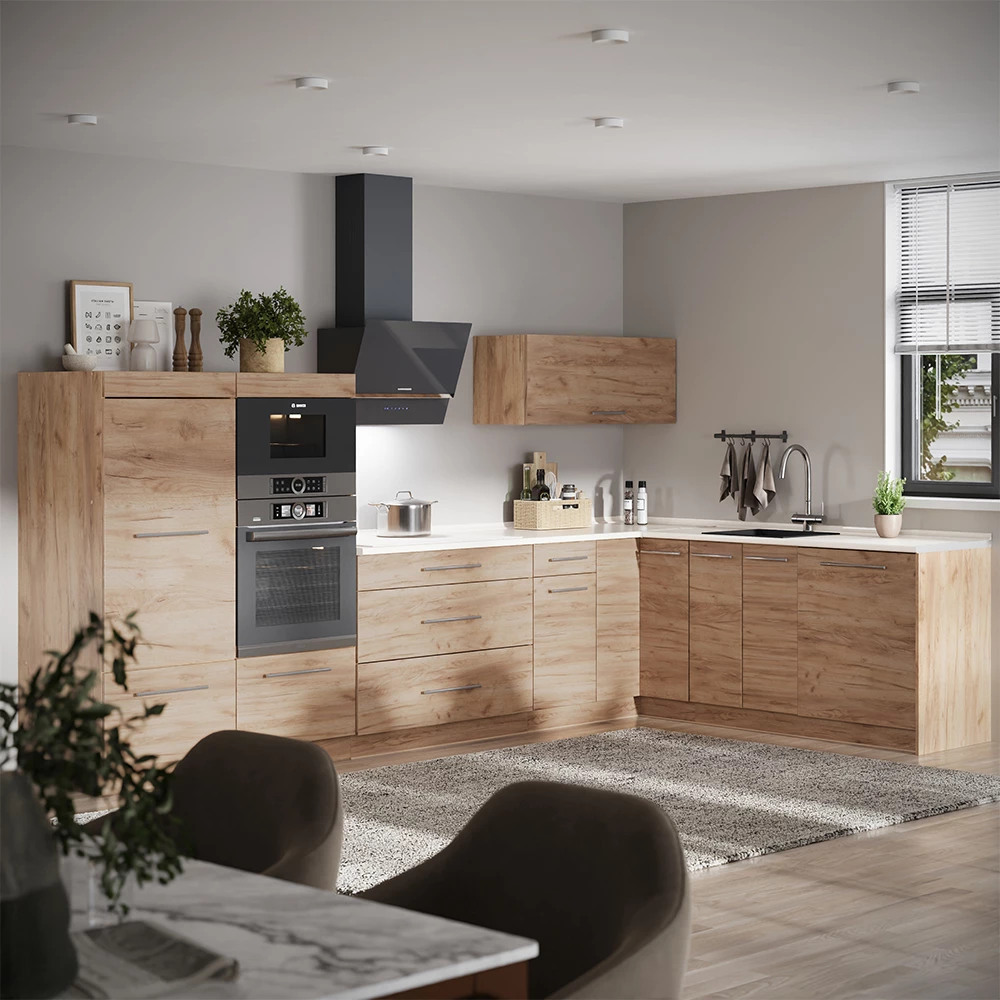 Cucina angolare completa Fame-Line Rovere dorato/Rovere dorato 347 x 207 cm piano di lavoro Marmo Vicco