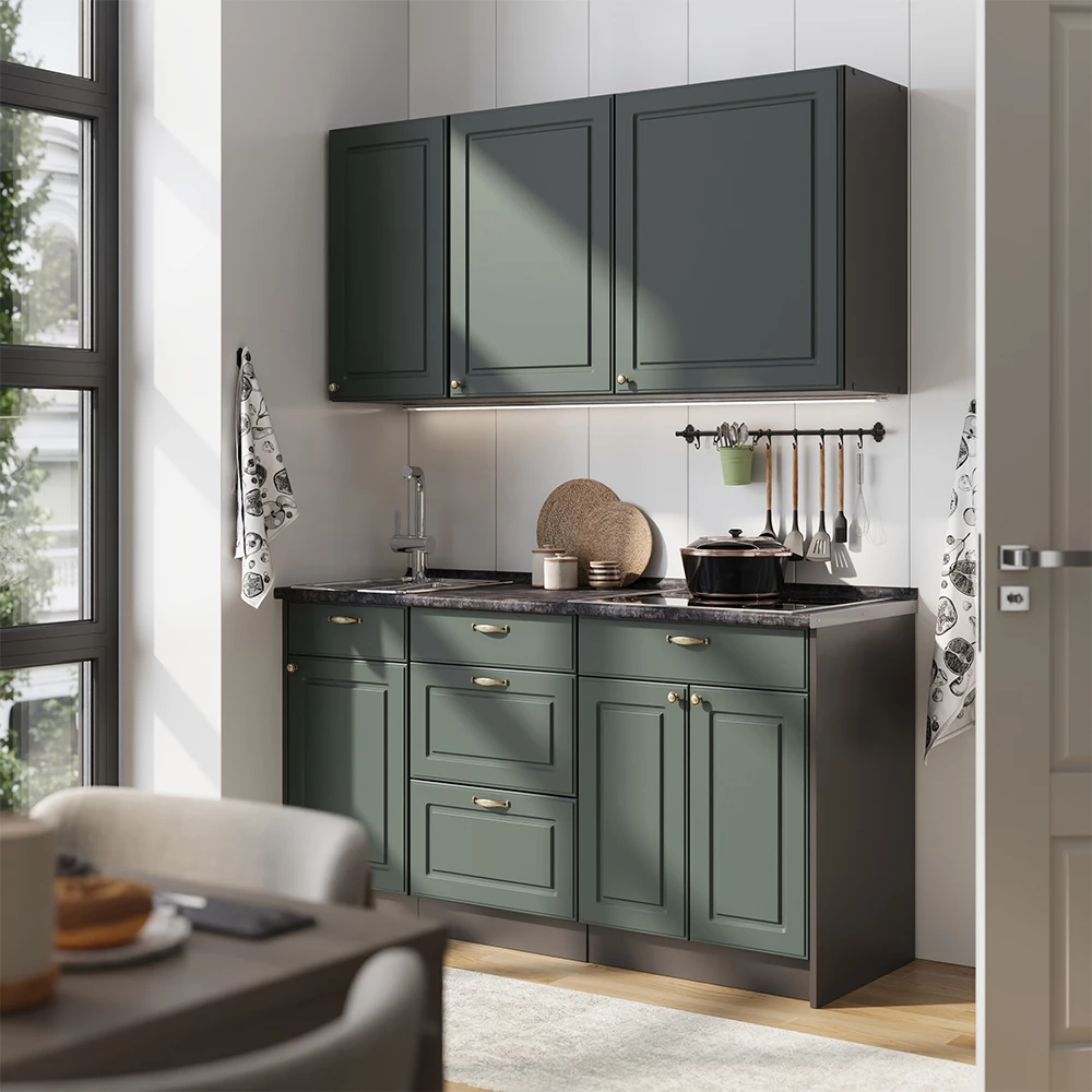 Singleküche Fame-Line Grün-Gold Landhaus/Anthrazit 150 cm, AP Anthrazit Vicco