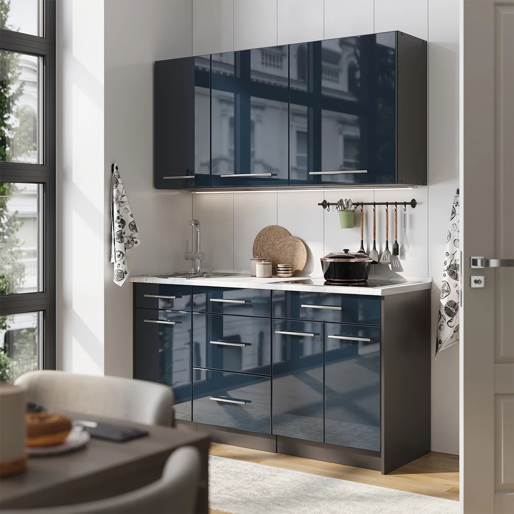 Cuisine Fame-Line Bleu foncé brillant/Anthracite 150cm, PT Anthracite Vicco