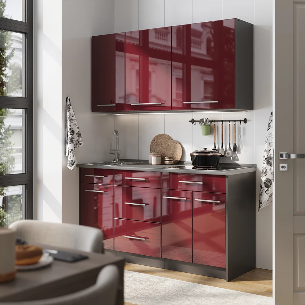 Cuisine Fame-Line Rouge bordeaux Haute brillance/Anthracite 150cm, PT Marbre Vicco