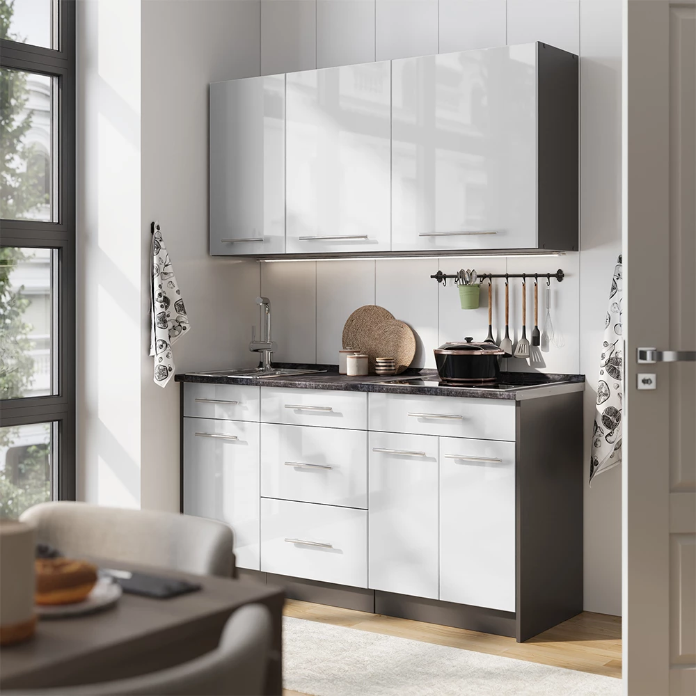 Cucina monoblocco Fame-Line Bianco lucido/Antracite 150 cm piano di lavoro Rovere dorato Vicco