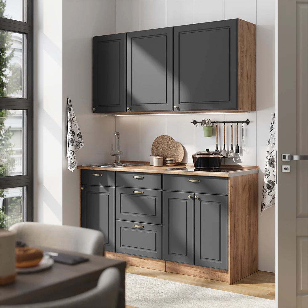 Singleküche Fame-Line Anthrazit-Gold Landhaus/Goldkraft Eiche 150 cm ohne Arbeitsplatte Vicco