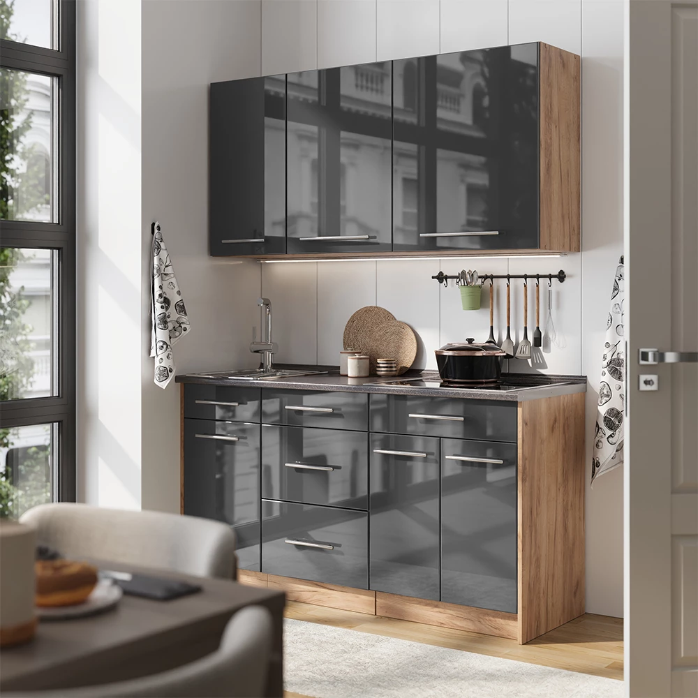 Cuisine Fame-Line Anthracite Haute brillance/Chêne de force doré 150cm, PT Marbre Vicco
