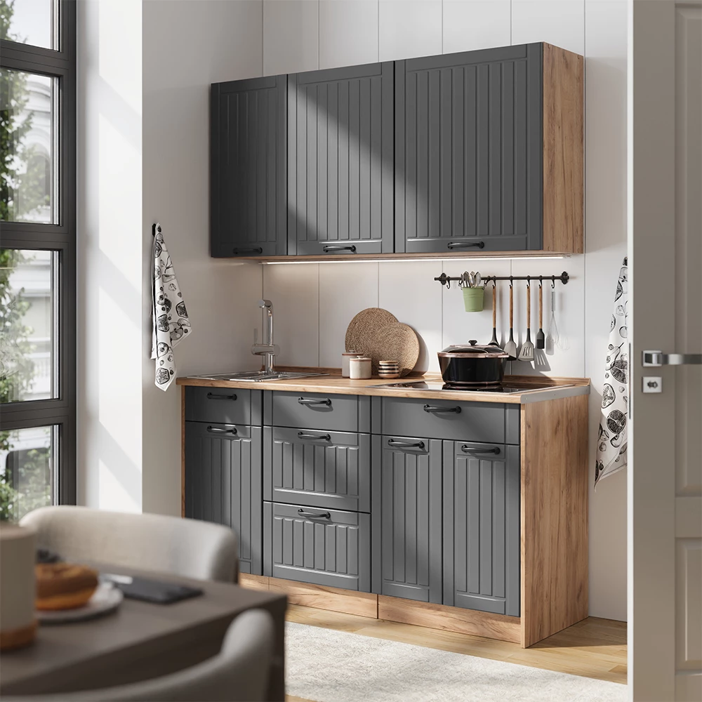 Singleküche Fame-Line Dunkelgrau/Goldkraft Eiche 150 cm, AP Anthrazit Vicco