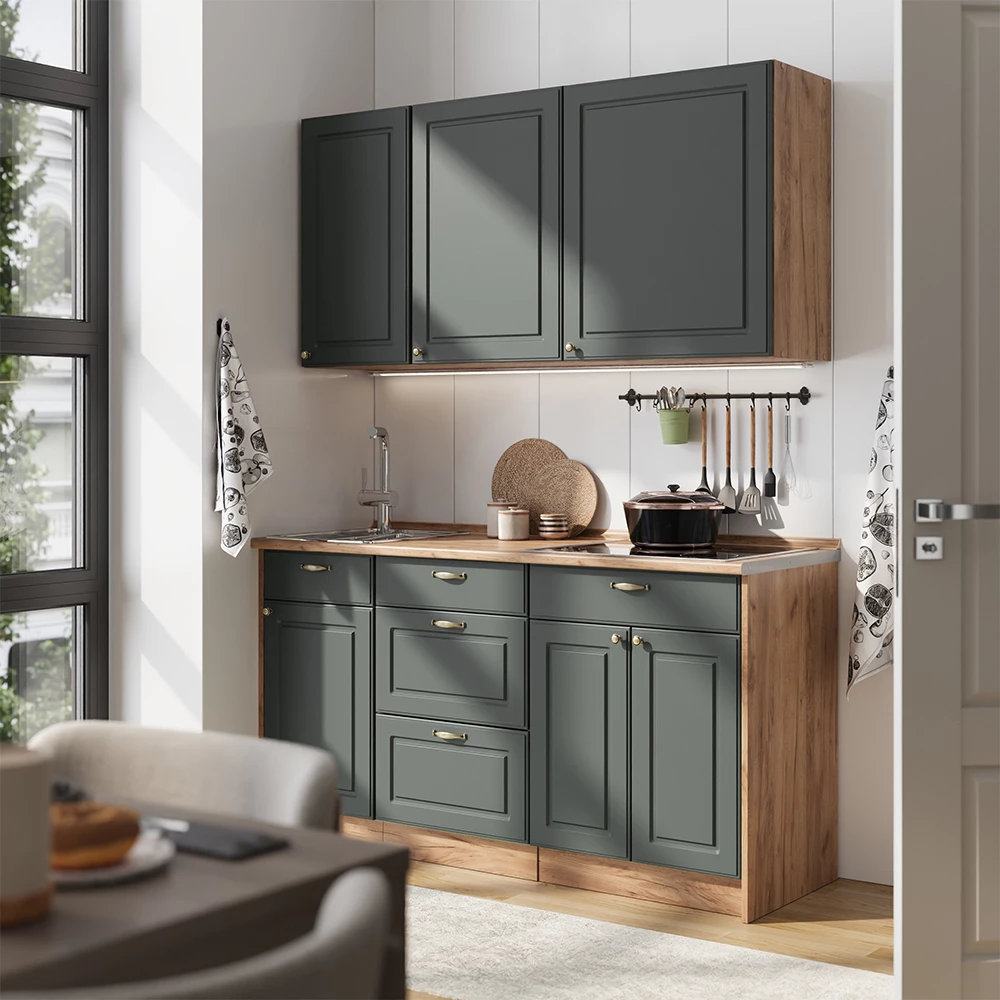 Singleküche Fame-Line Grün-Gold Landhaus/Goldkraft Eiche 150 cm, AP Anthrazit Vicco