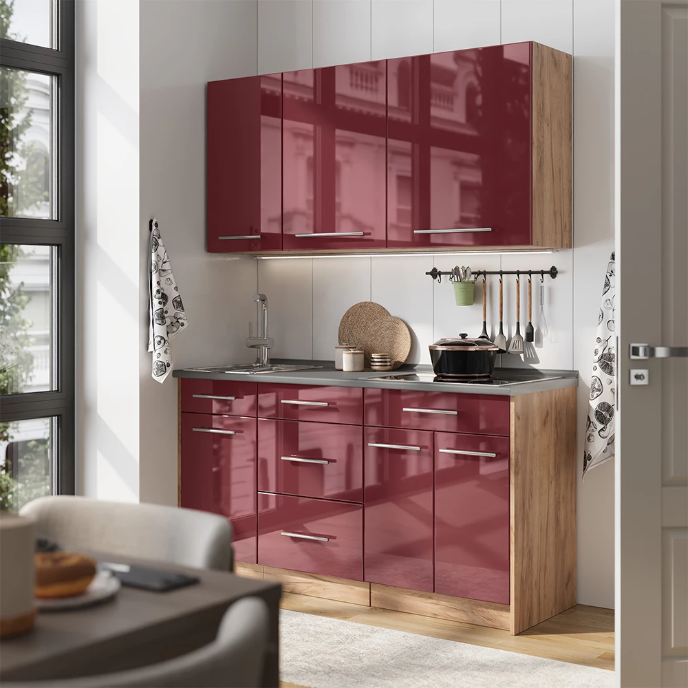 Singleküche Fame-Line Bordeaux Hochglanz/Goldkraft Eiche 150 cm, AP Anthrazit Vicco