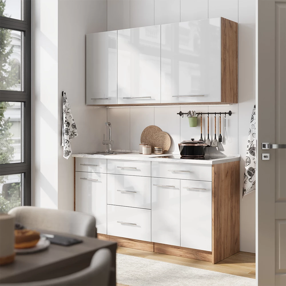 Cuisine Fame-Line Blanc Haute brillance/Chêne de force doré 150cm, PT Anthracite Vicco