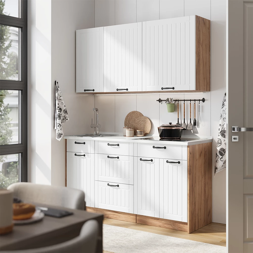 Cucina monoblocco Fame-Line Bianco country/Rovere dorato 150 cm piano di lavoro Rovere dorato Vicco