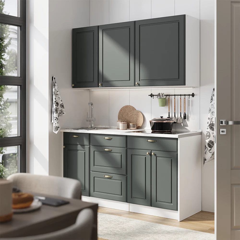 Cuisine Fame-Line Vert Or Campagne/Blanc 150cm, PT Marbre Vicco