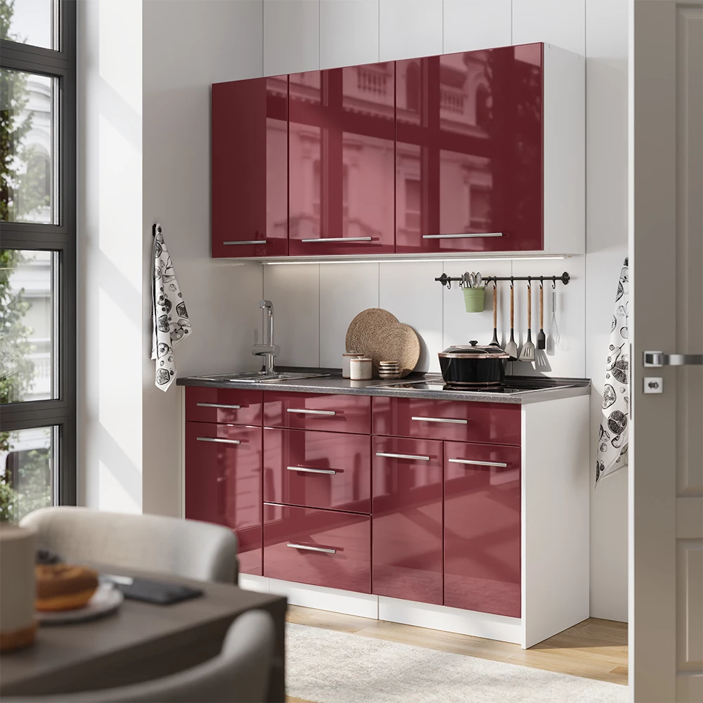 Cuisine Fame-Line Rouge bordeaux Haute brillance/Blanc 150cm, PT Anthracite Vicco