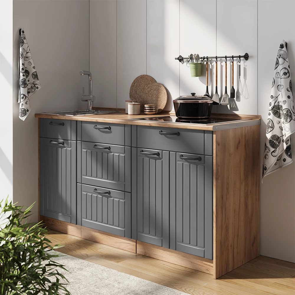 Cucine componibili piccole Fame-Line Grigio scuro/Rovere dorato 150 cm piano di lavoro Marmo Vicco