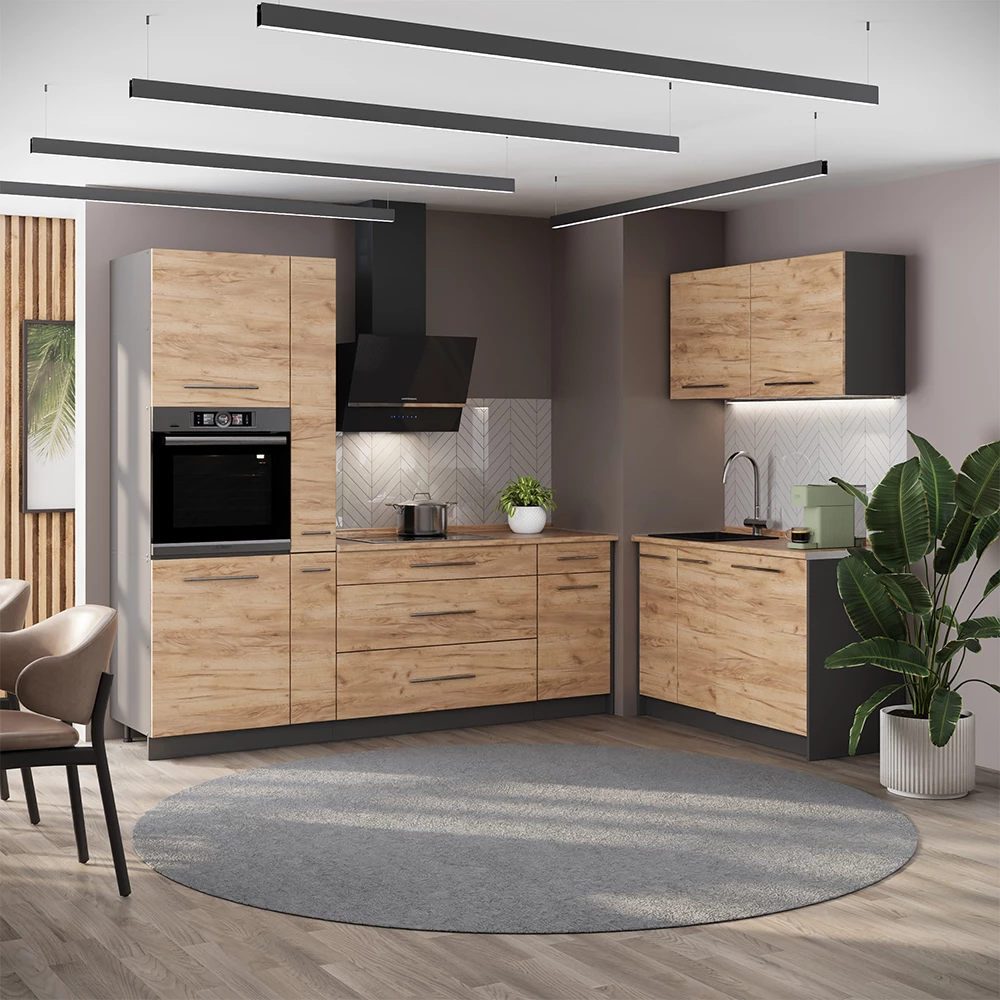 Cuisine Fame-Line Chêne de force doré/Anthracite 220 x 120 cm, PT Chêne Vicco