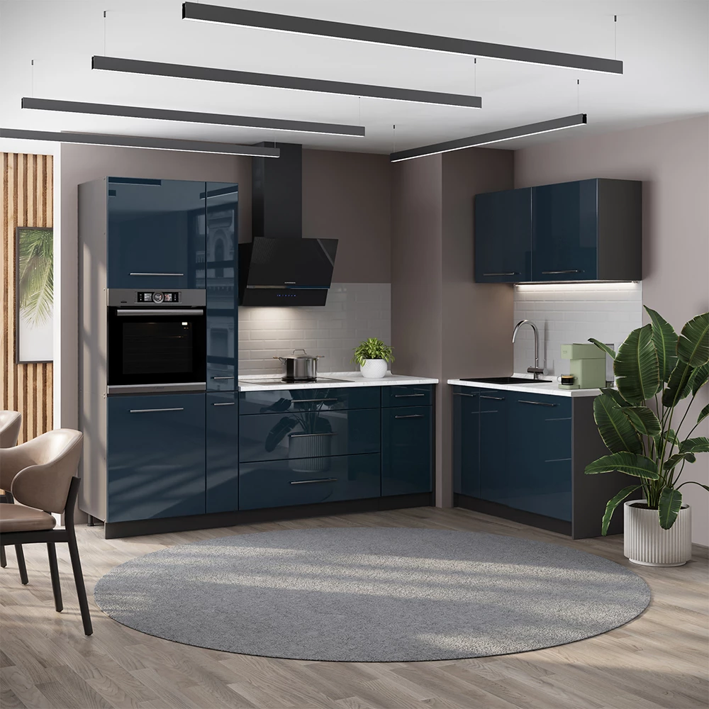 Cucina Fame-Line Blu scuro lucido/Antracite 220 x 120 cm senza piano di lavoro Vicco