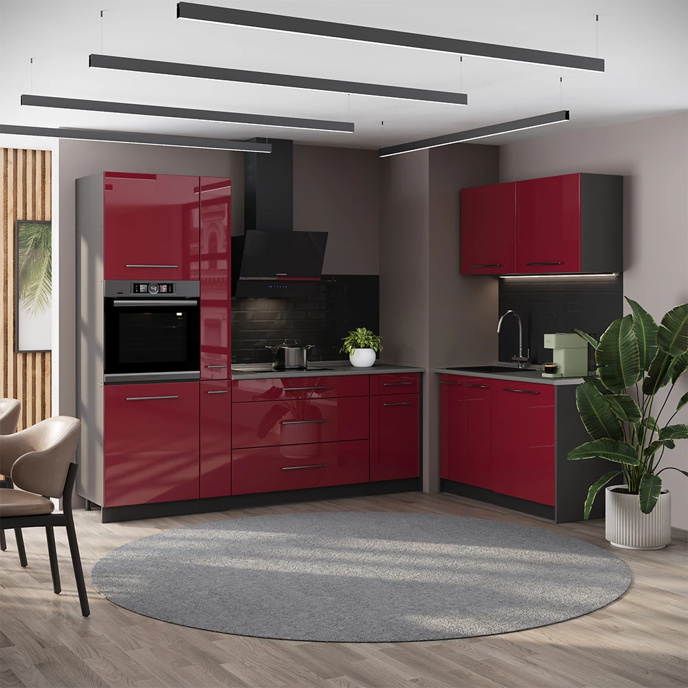 Cucina Fame-Line Bordeaux lucido/Antracite 220 x 120 cm piano di lavoro Rovere dorato Vicco