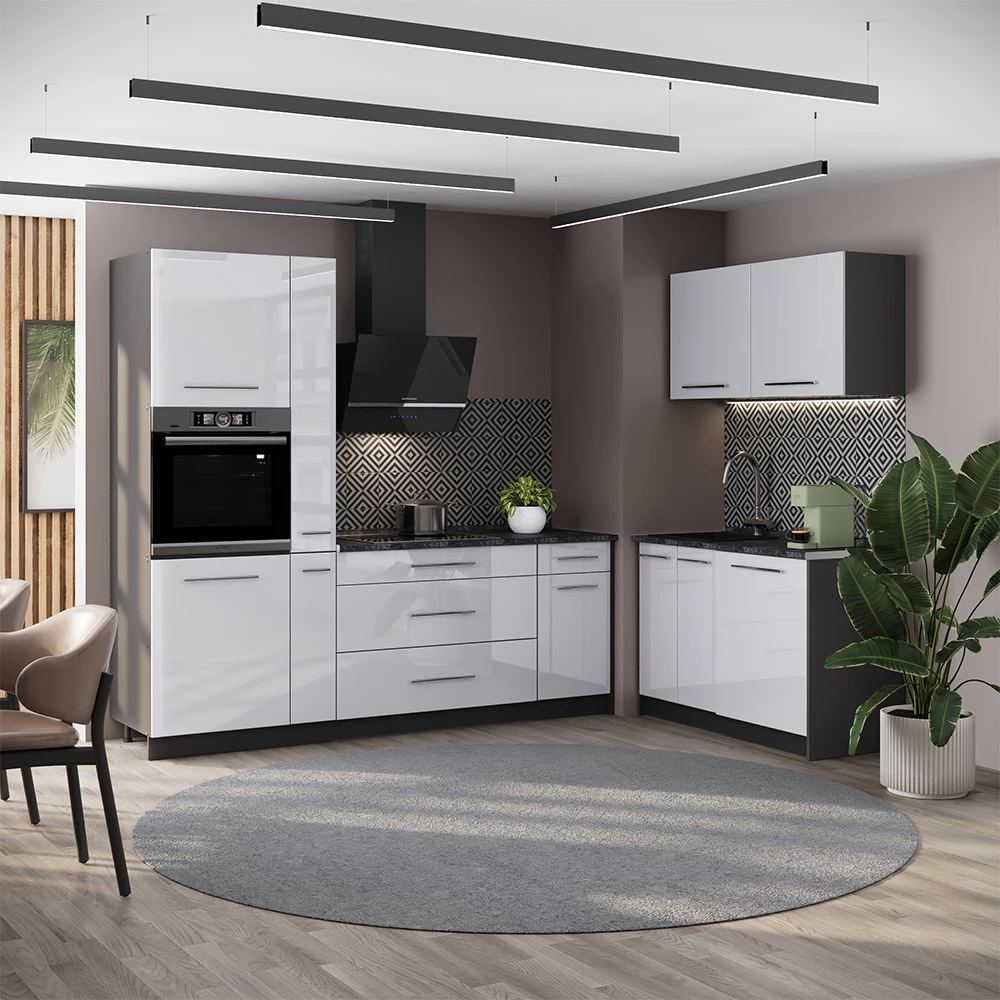 Cuisine Fame-Line Blanc Haute brillance/Anthracite 220 x 120 cm, PT Marbre Vicco