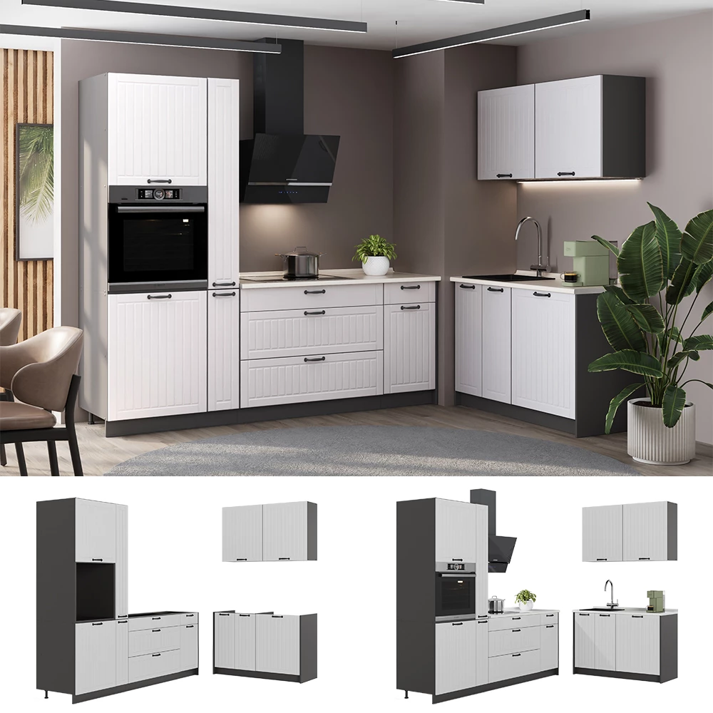 Küchenzeile Fame-Line Weiß Landhaus/Anthrazit 220 x 120 cm, AP Eiche Vicco № 38371