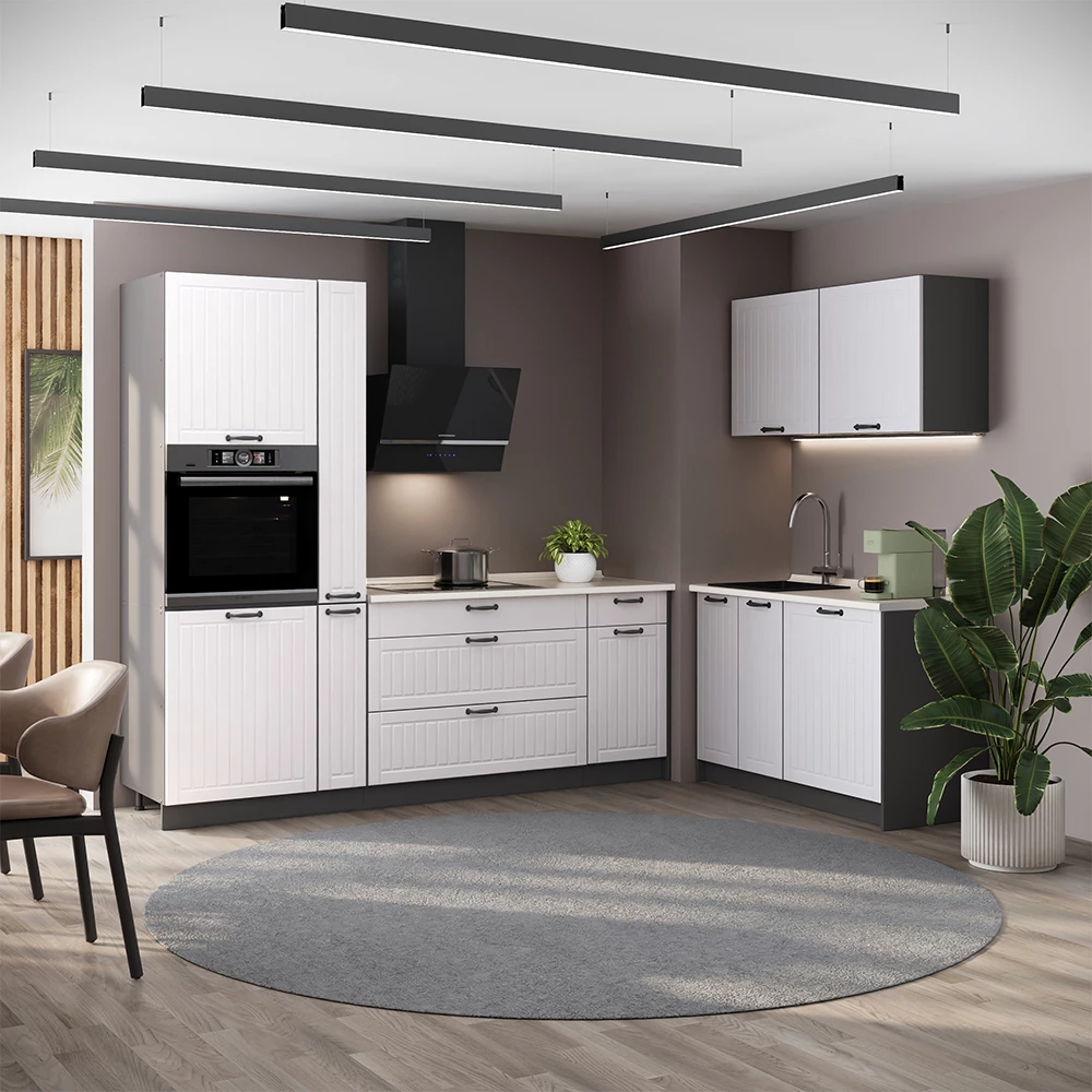 Cucina Fame-Line Bianco country/Antracite 220 x 120 cm piano di lavoro Rovere dorato Vicco