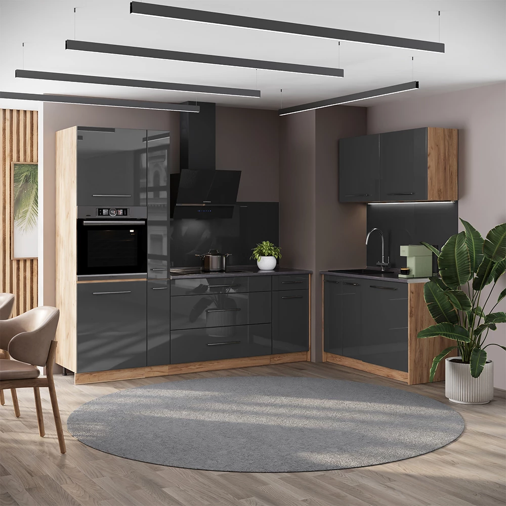 Cucina Fame-Line Antracite lucido/Rovere dorato 220 x 120 cm piano di lavoro Antracite Vicco