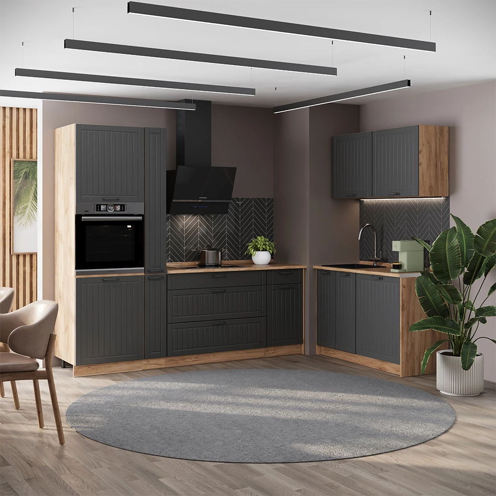 Cuisine Fame-Line Gris foncé/Chêne de force doré 220 x 120 cm, PT Marbre Vicco