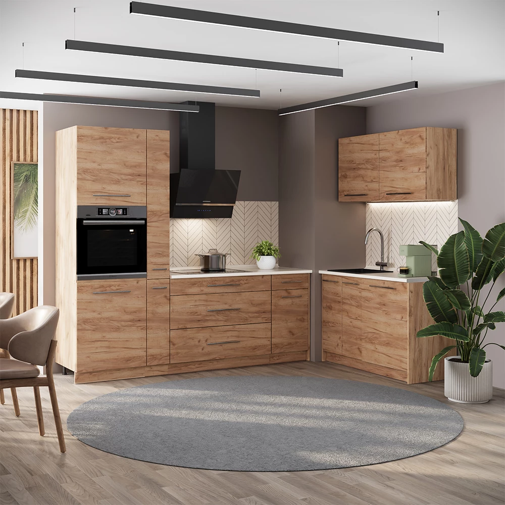 Cucina Fame-Line Rovere dorato/Rovere dorato 220 x 120 cm piano di lavoro Marmo Vicco