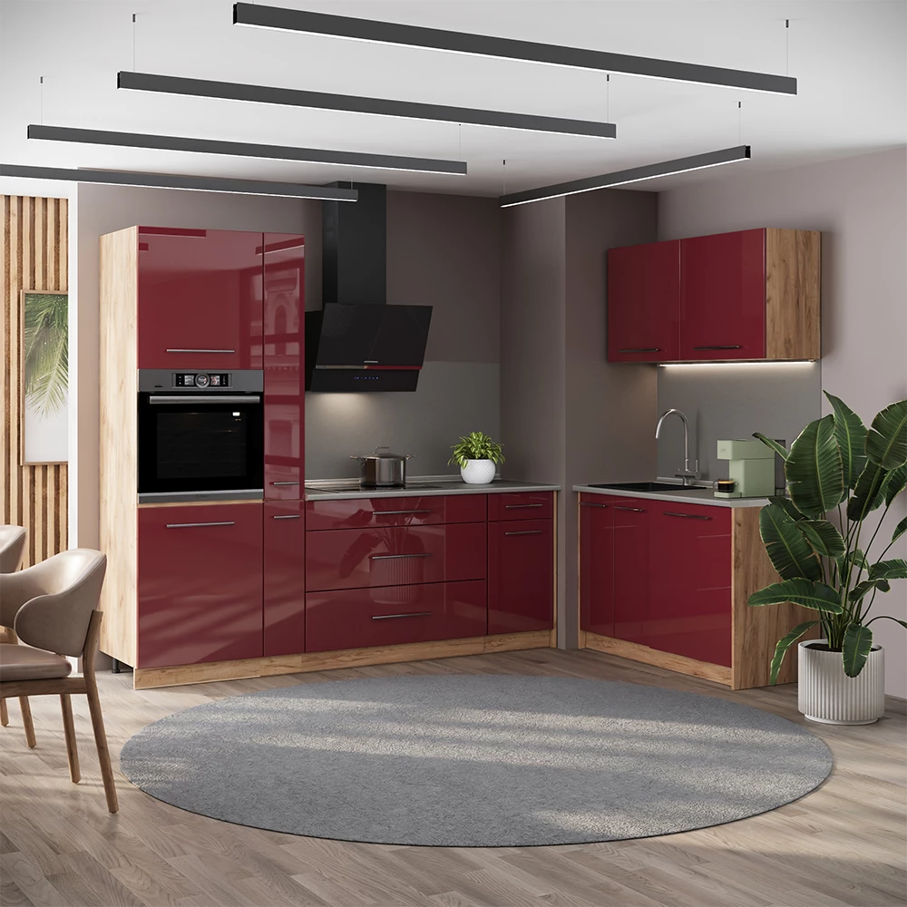 Cucina Fame-Line Bordeaux lucido/Rovere dorato 220 x 120 cm piano di lavoro Marmo Vicco