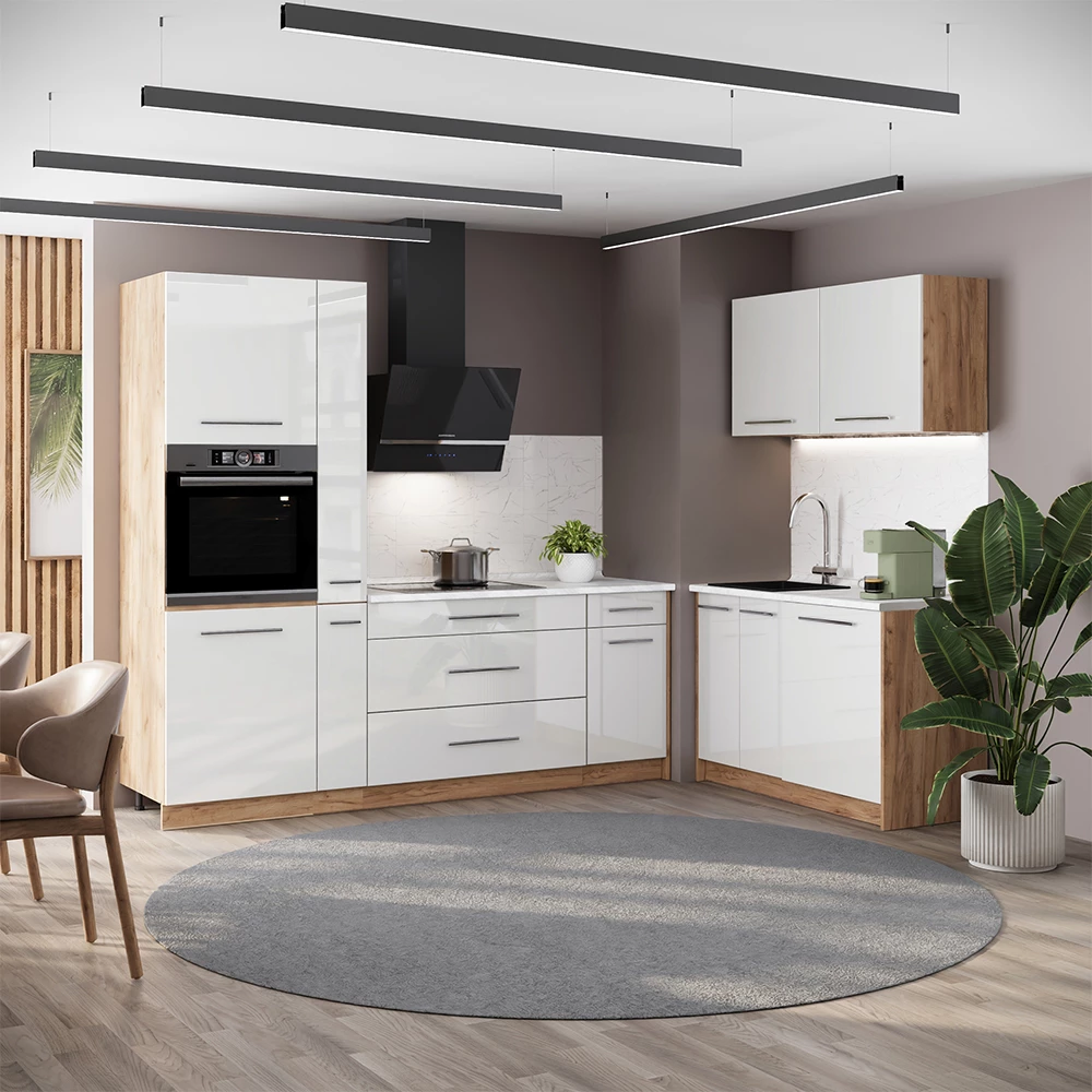 Küchenzeile Fame-Line Weiß Hochglanz/Goldkraft Eiche 220 x 120 cm ohne Arbeitsplatte Vicco № 38400