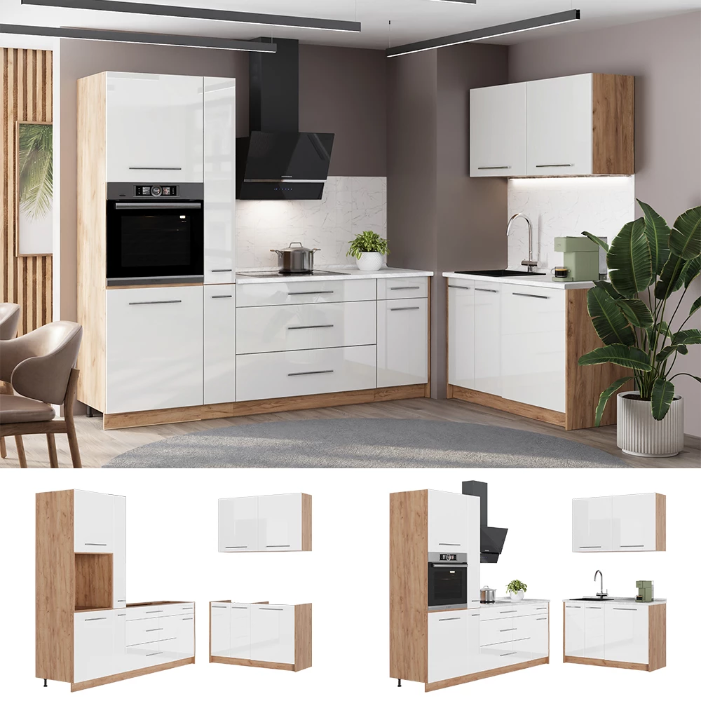 Küchenzeile Fame-Line Weiß Hochglanz/Goldkraft Eiche 220 x 120 cm ohne Arbeitsplatte Vicco | Weiß Hochglanz/Goldkraft Eiche | Ohne AP