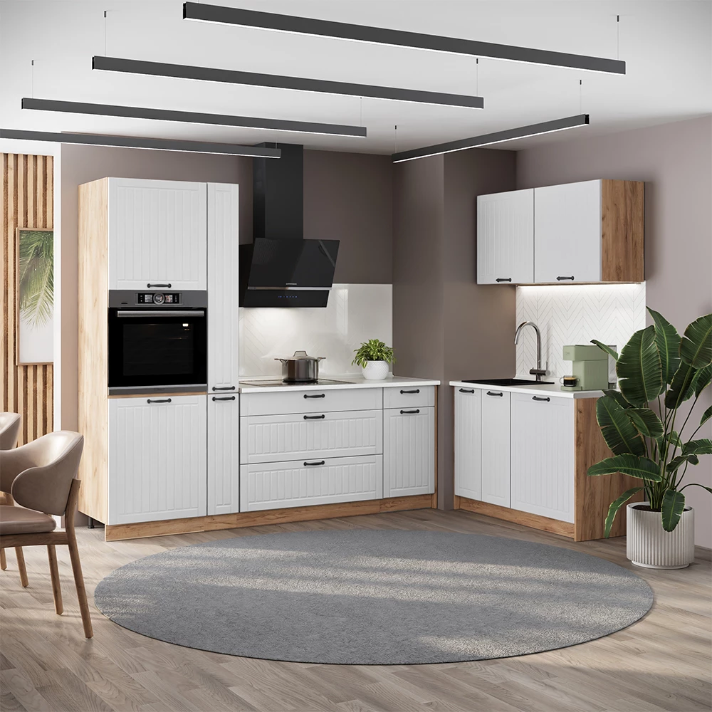 Cuisine Fame-Line Blanc campagne/Chêne de force doré 220 x 120 cm, PT Marbre Vicco