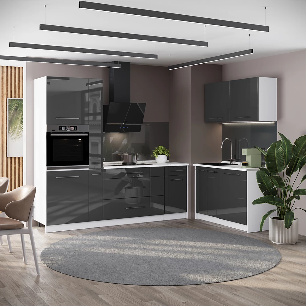 Cuisine Fame-Line Anthracite Haute brillance/Blanc 220 x 120 cm, PT Marbre Vicco