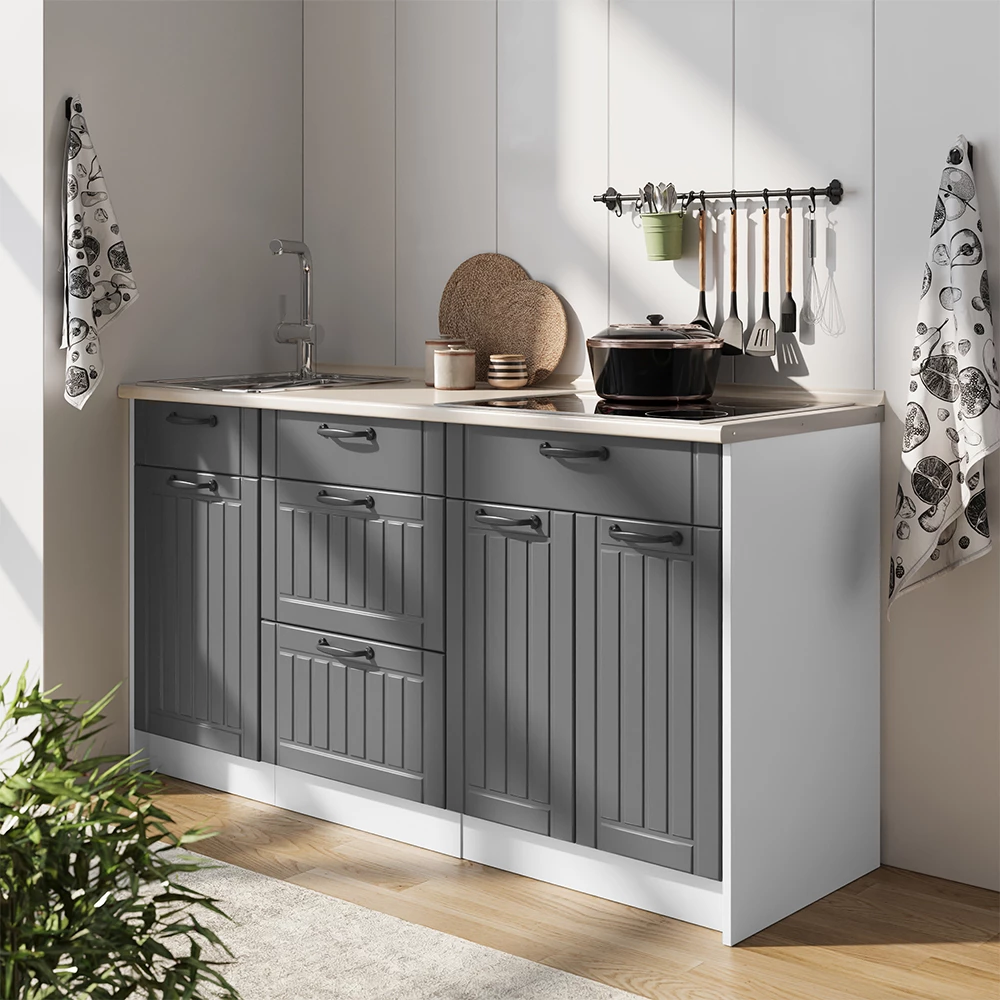 Cucine componibili piccole Fame-Line Grigio scuro/Bianco 150 cm piano di lavoro Marmo Vicco