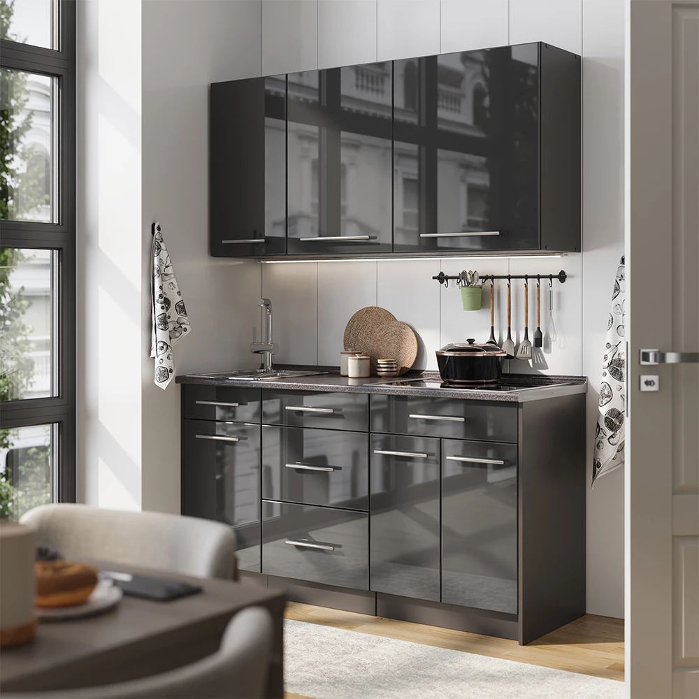 Eenpersoonskeuken Fame-Line Antraciet Hoogglans/Antraciet 150 cm zonder werkblad Vicco