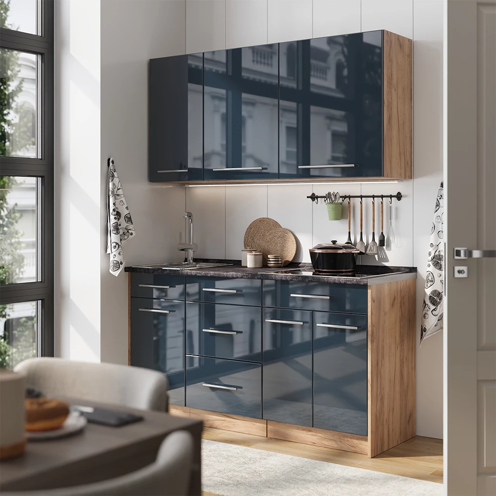 Cuisine Fame-Line Bleu foncé brillant/Chêne de force doré 150cm, PT Marbre Vicco